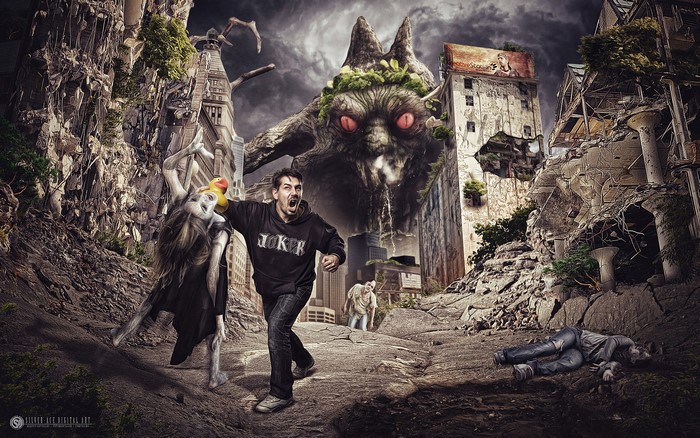 Apocalypse scene with monster and zombies