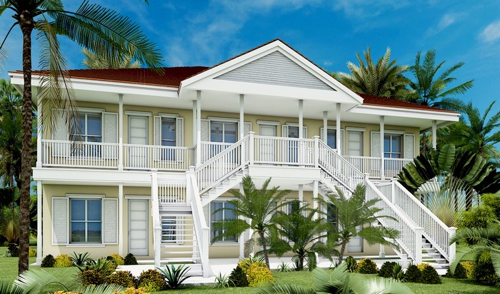 Tropical house with palm trees and stairs