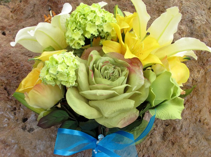 Bouquet of Lilies and Roses with Blue Ribbon