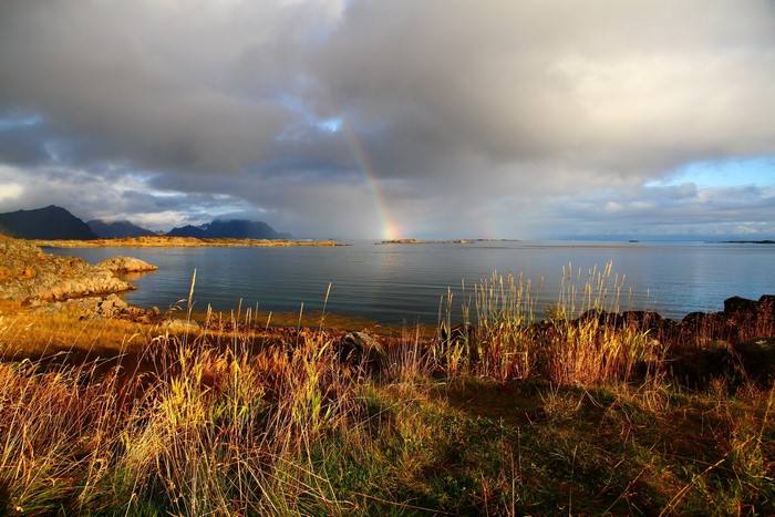 Rainbow over the sea in Norway with mountains and grass