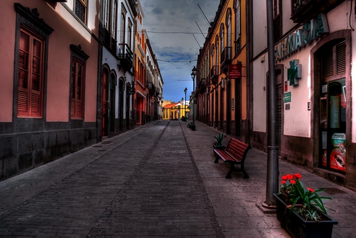 Street in Canary Islands with Pharmacy and Bench