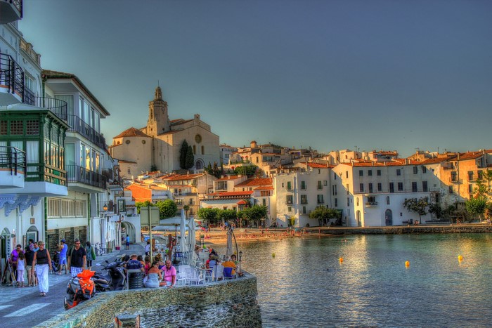 Coastal town with church and harbor