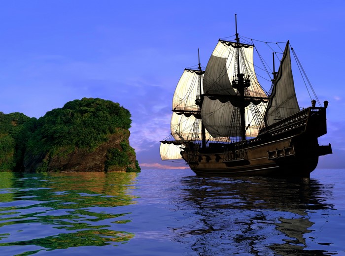 Sailing Ship near a Lush Island