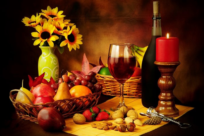 Still-life with fruit, wine, and candle