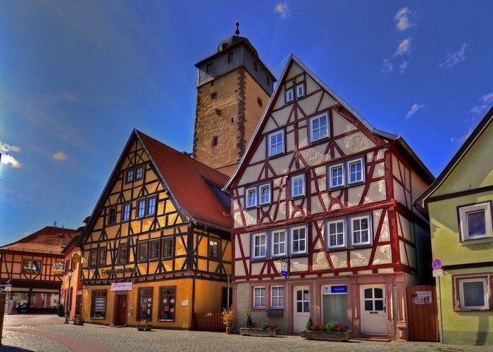 Half-timbered houses and tower in Germany