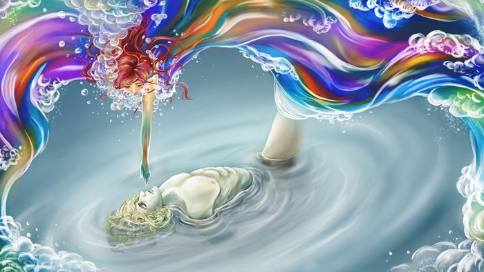 Man and woman in colorful water