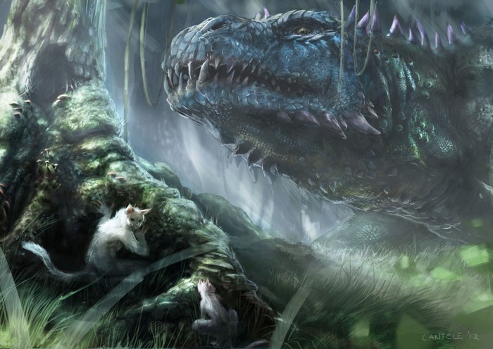 Dragon and two cats in a forest