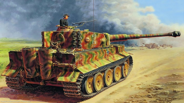 Tiger I tank with soldier in camouflage