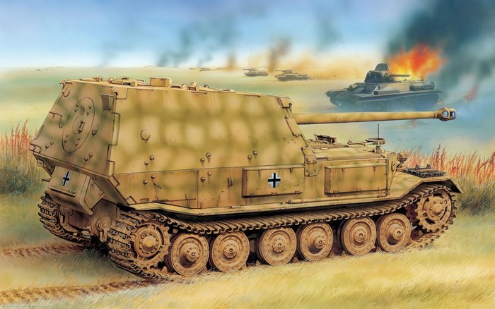 Painting of a German Jagdpanther tank destroyer in battle