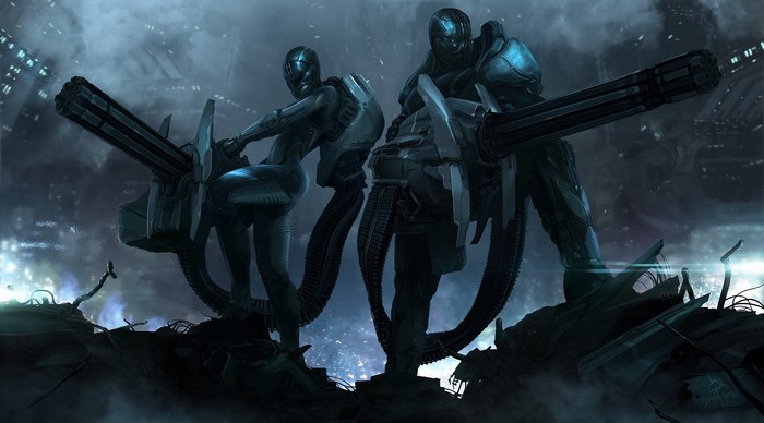 Two armored warriors with Gatling guns in a ruined city