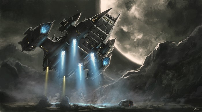 Spaceship landing on a rocky planet with a large moon
