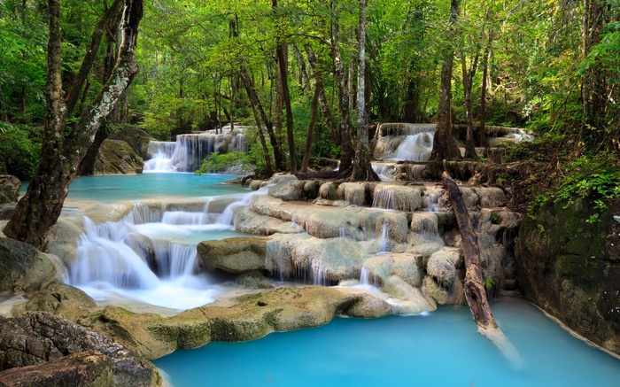 Turquoise waterfalls cascade through a lush green forest.