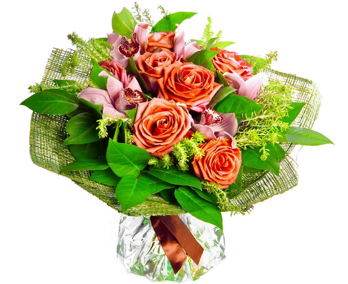 Bouquet of orange roses and orchids