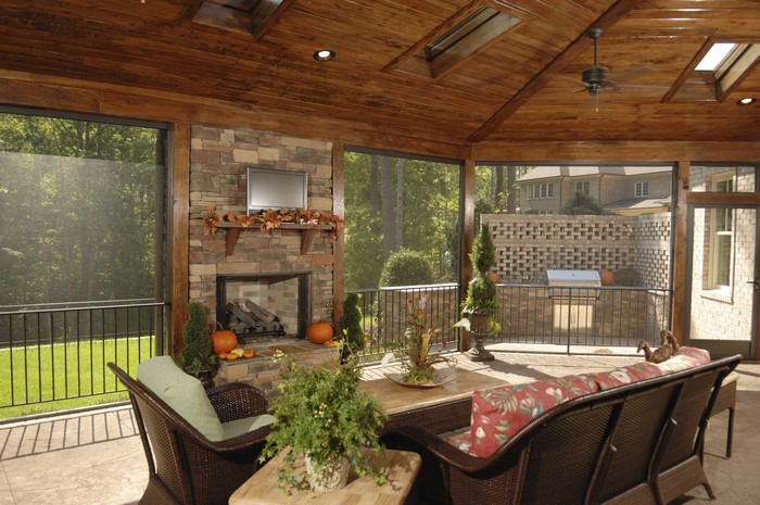 Screened Porch with Fireplace and Outdoor Kitchen