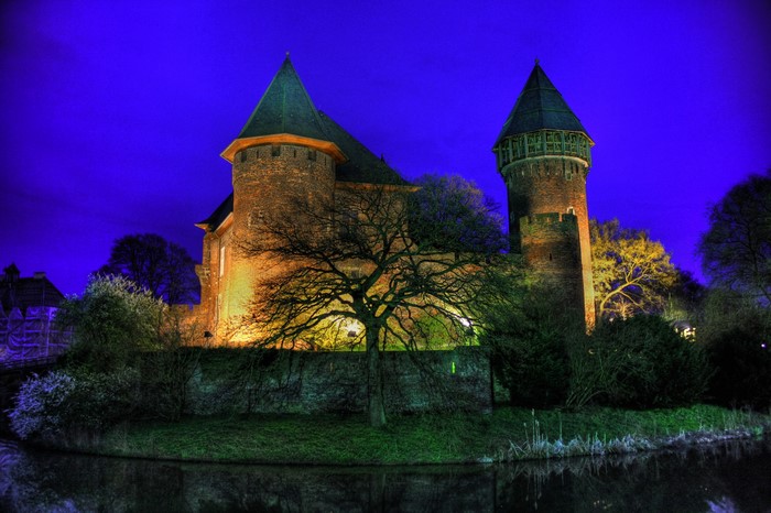 Krefeld Burg Linn castle at night with HDR effect