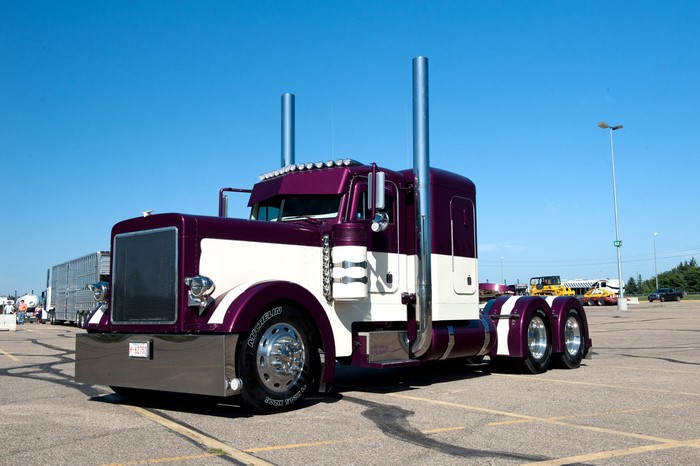 Purple and white Peterbilt truck