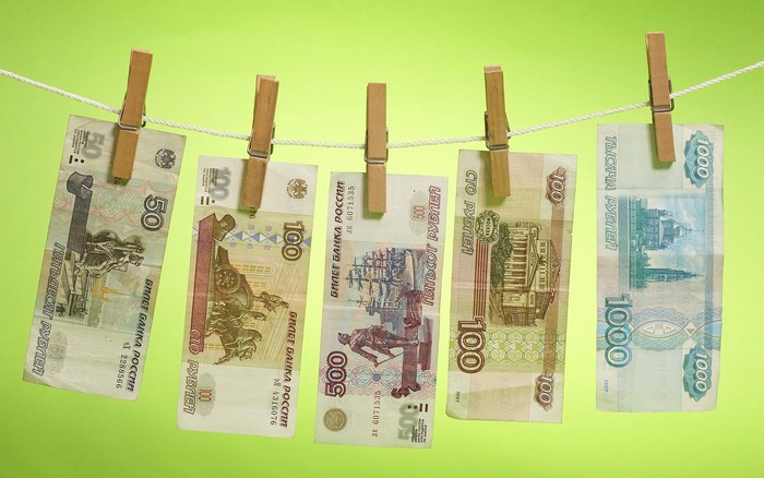 Russian Rubles hanging on a clothesline