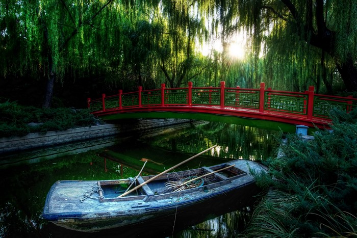Boat on a river under a bridge and willow trees