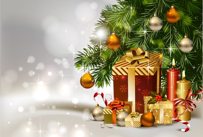 Christmas Tree with Gifts, Ornaments, and Candles