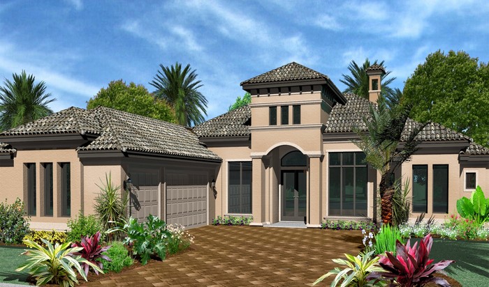 Luxury Mediterranean-style house with garage and landscaping