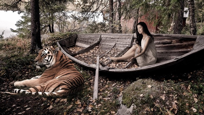 Tiger and woman in a boat in autumn forest