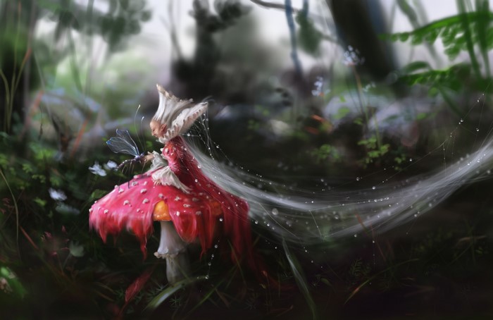 Fairy on a mushroom with a dragonfly