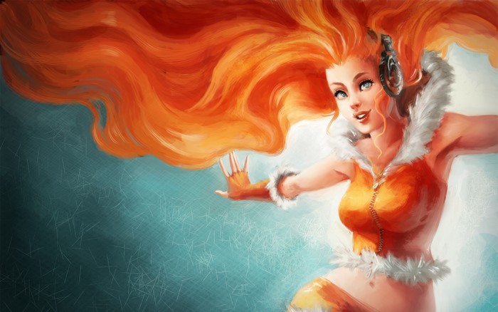 Redhead girl with headphones and orange outfit