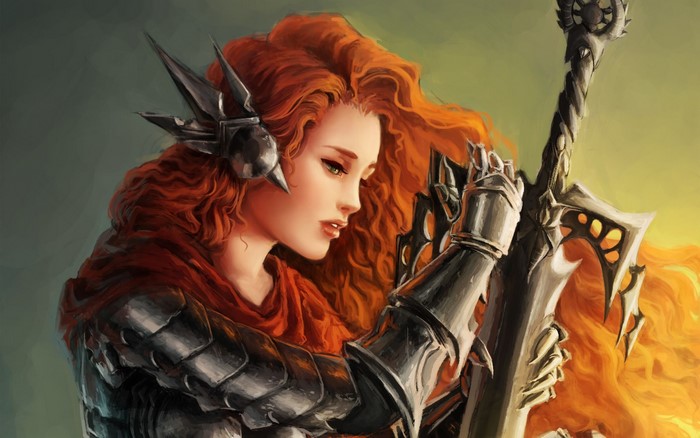 Redhead warrior woman with sword and armor