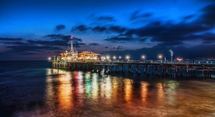 Santa Monica Pier at Night with Reflections