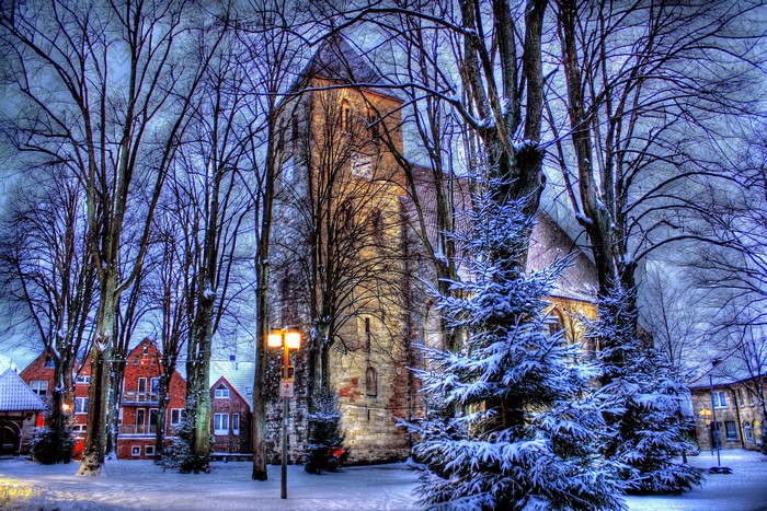 Winter scene in Havixbeck, Germany with church and trees