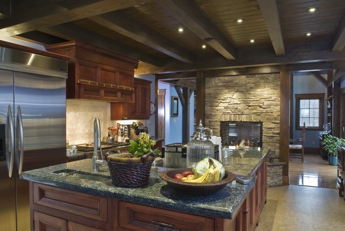 Kitchen with Stone Fireplace and Island