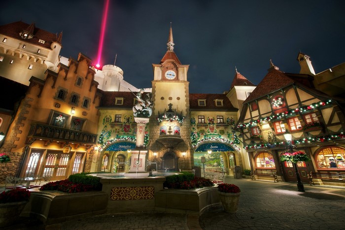 Germany Pavilion at Epcot at night with Christmas lights