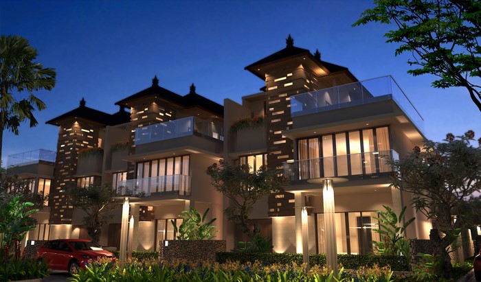 Modern Balinese resort villas at night