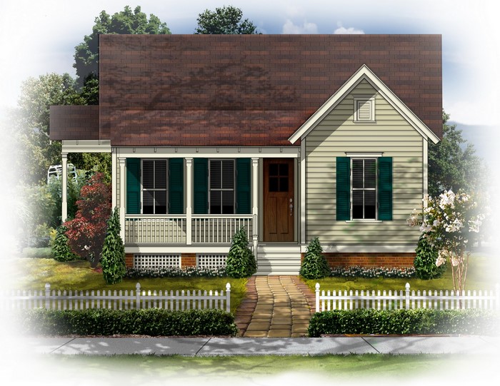 A charming, light-colored house with a red roof and green shutters.