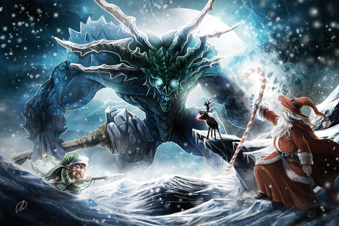 Santa Claus battles a frost monster with an elf and reindeer