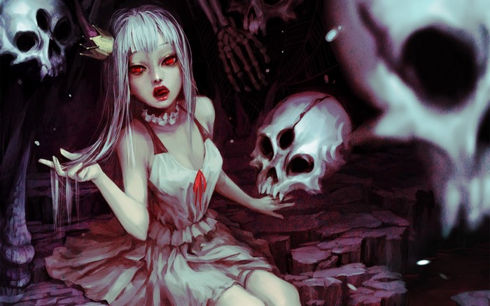 Girl with red eyes and skulls