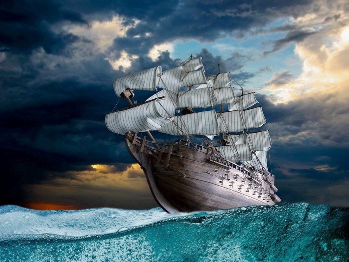 A sailing ship on rough seas under a stormy sky