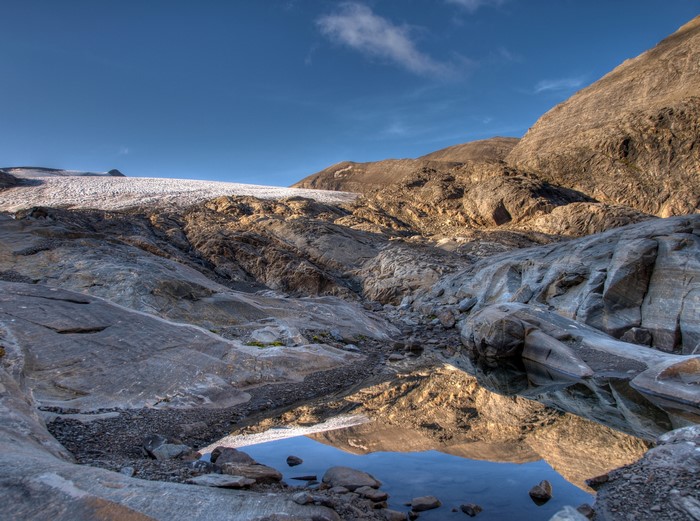 Glacier and rocky terrain with reflection in water