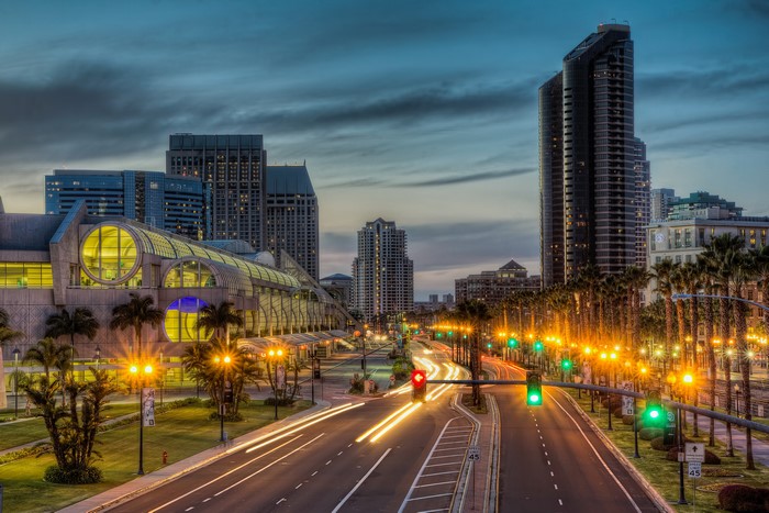 San Diego California Skyscrapers and Palm Trees at Dusk
