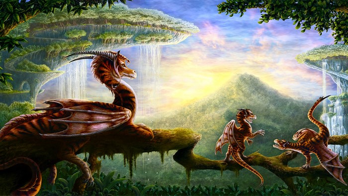 Dragons on branches with waterfalls and mountains
