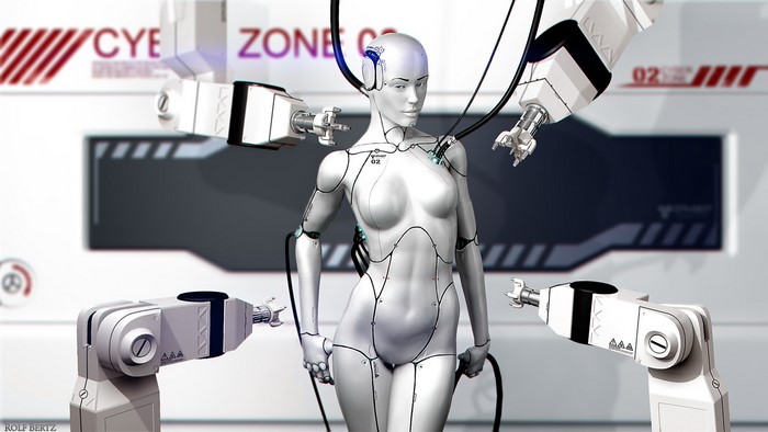 Robot being assembled by robotic arms in a futuristic zone