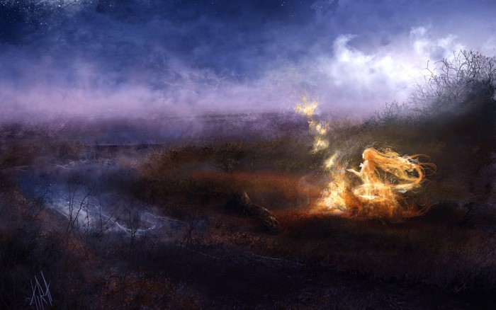 Woman with flowing hair conjuring fire in a misty landscape