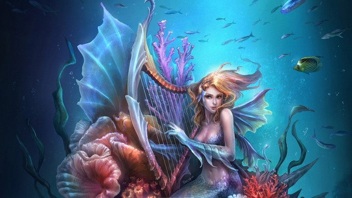 Mermaid playing a harp underwater