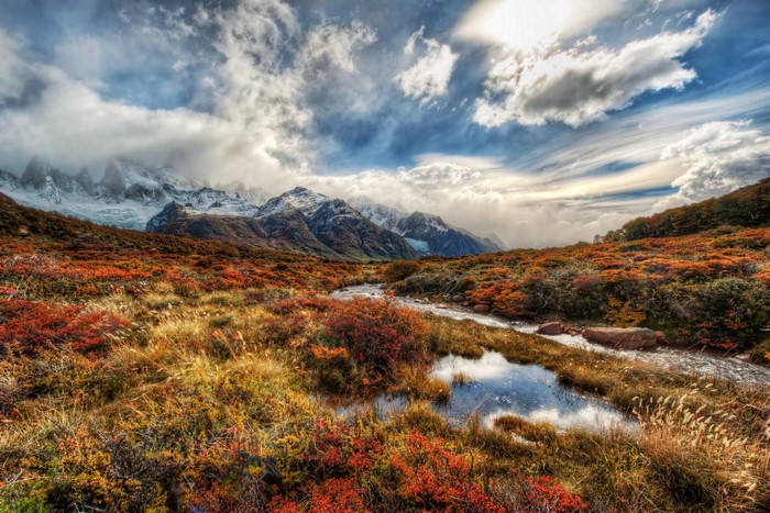 4K Patagonia Mountains with Autumn Foliage and Stream