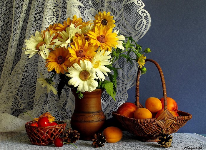Still-life with flowers, fruits, and lace