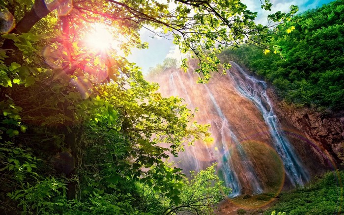 Sunlight filtering through trees onto a waterfall