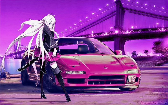 Anime girl with white hair and pink car in front of bridge