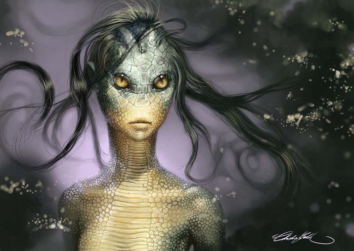 Reptilian creature with flowing hair