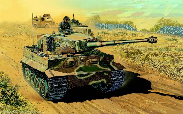 German Tiger Tank and Trucks on a Dirt Road