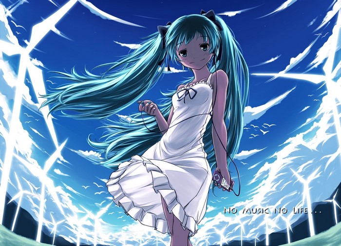 Hatsune Miku in a white dress with headphones